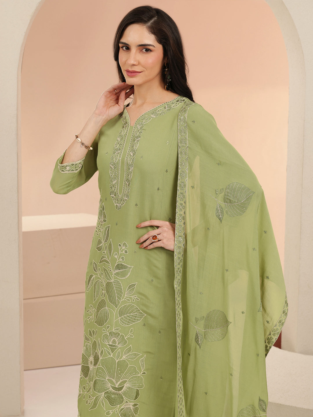 Libas Pista Green Floral Embroidered Silk Blend Straight Suit Set