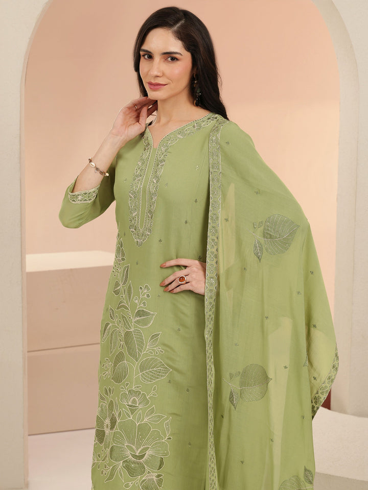Libas Pista Green Floral Embroidered Silk Blend Straight Suit Set