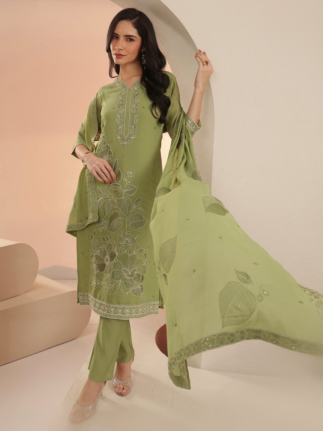 Libas Pista Green Floral Embroidered Silk Blend Straight Suit Set