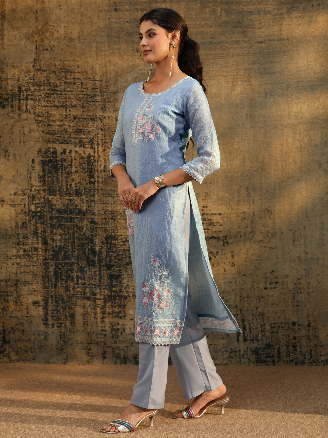 Libas Ice Blue Floral Embroidered Organza Straight Suit Set