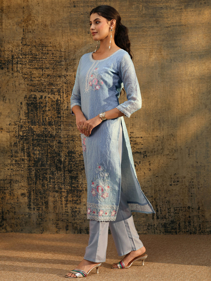 Libas Ice Blue Floral Embroidered Organza Straight Suit Set