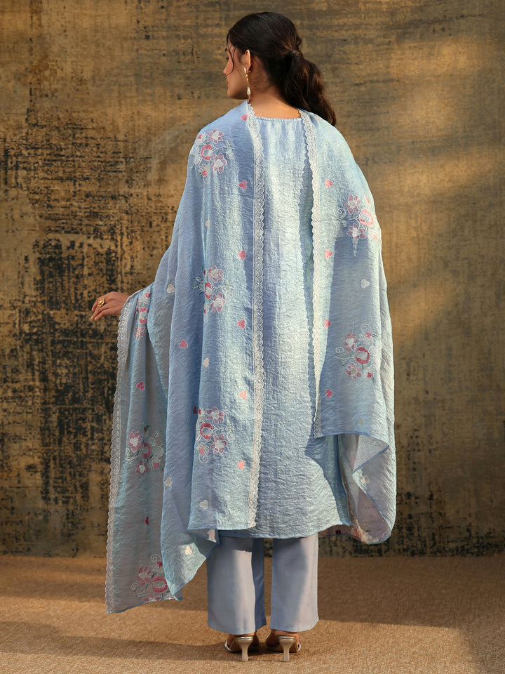 Libas Ice Blue Floral Embroidered Organza Straight Suit Set