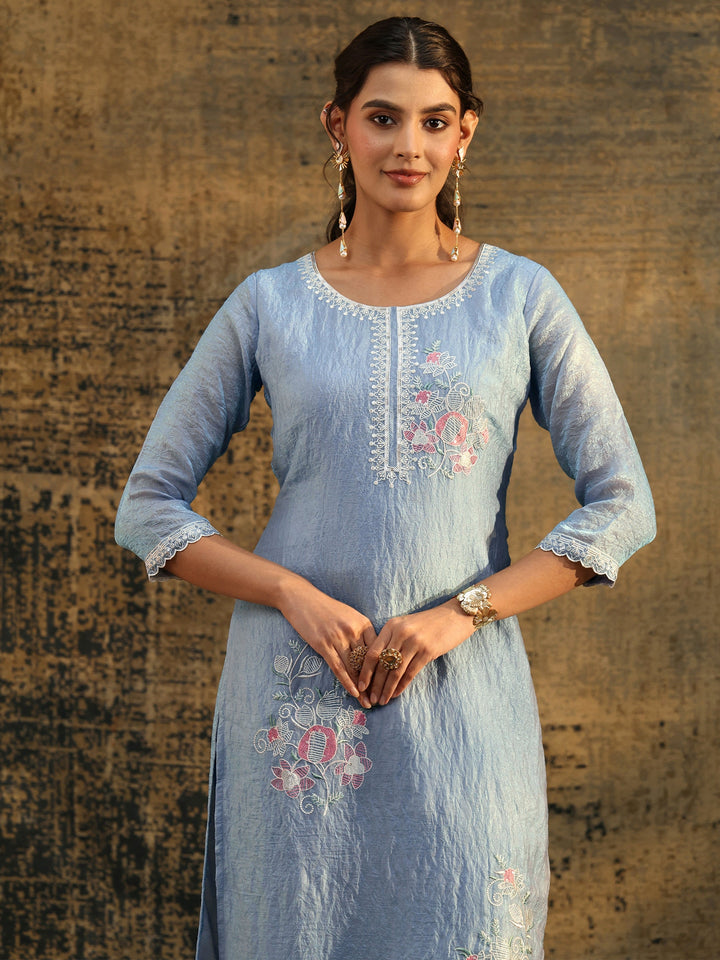 Libas Ice Blue Floral Embroidered Organza Straight Suit Set