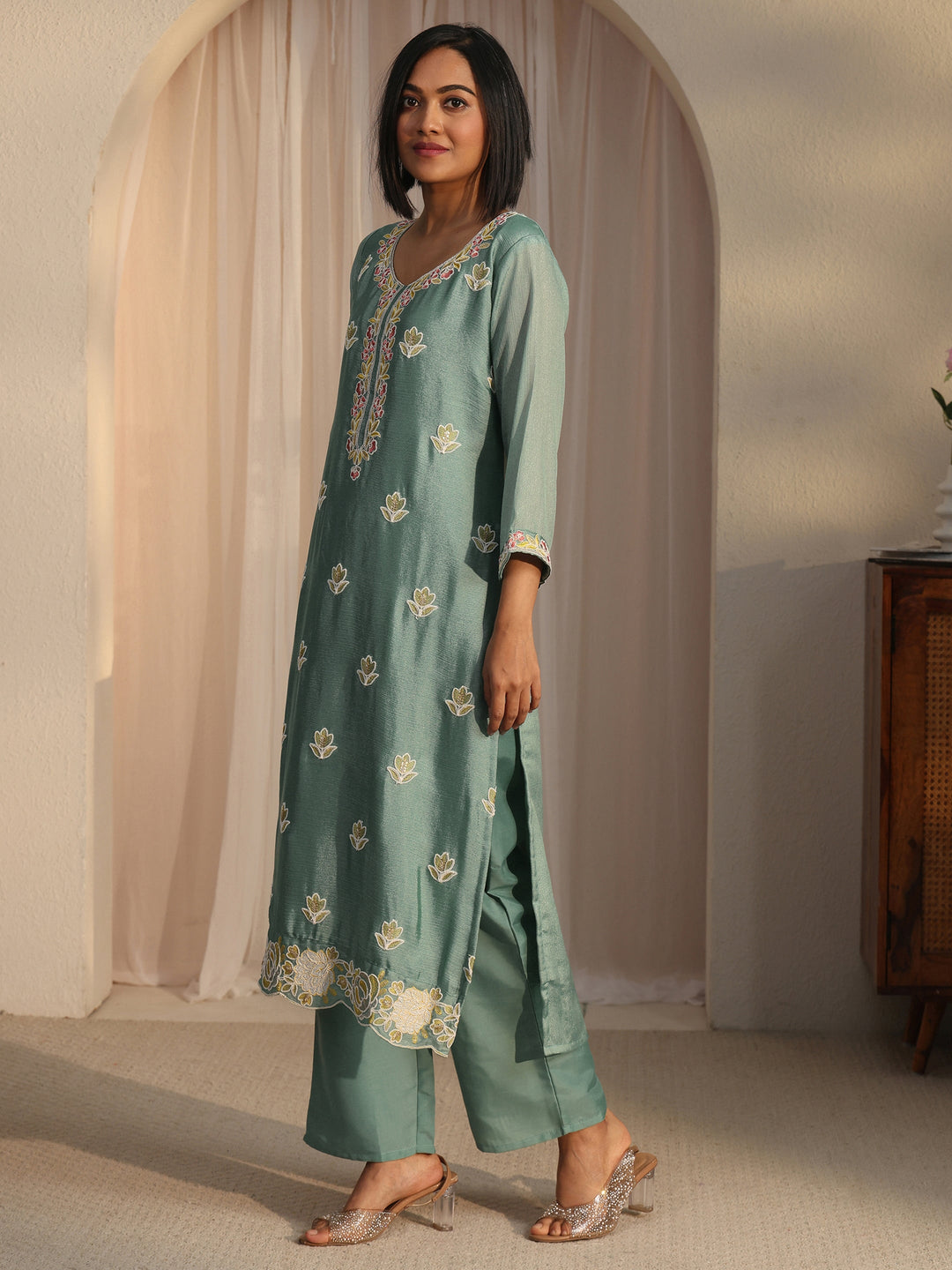 Libas Blue Floral Embroidered Silk Blend Straight Suit Set