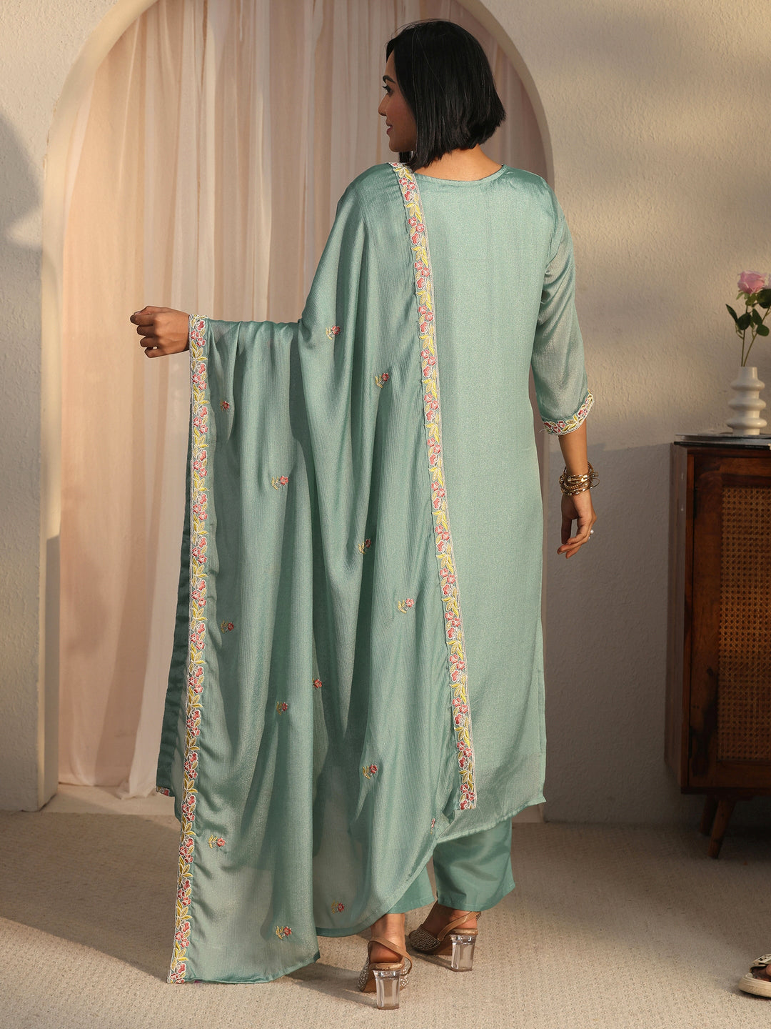 Libas Blue Floral Embroidered Silk Blend Straight Suit Set