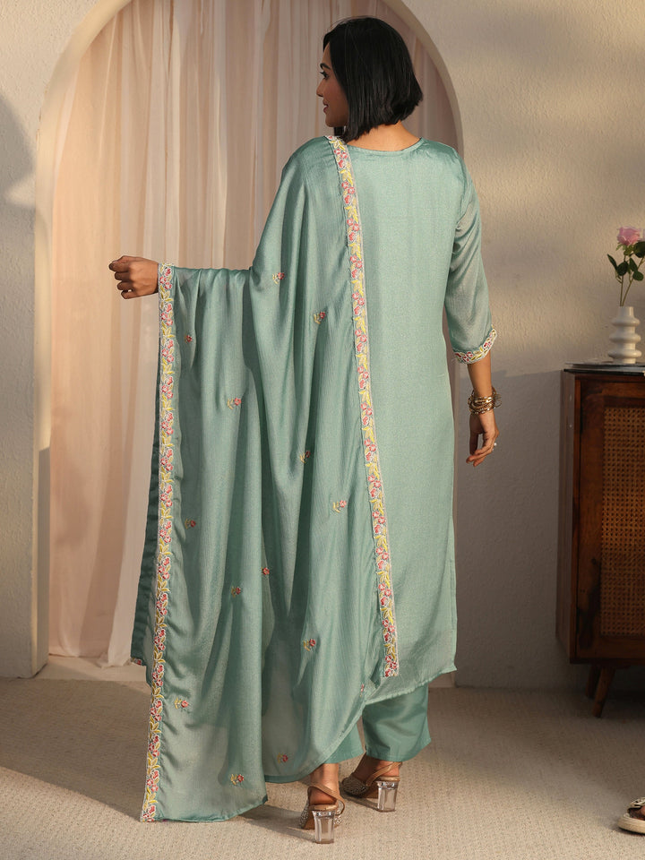 Libas Blue Floral Embroidered Silk Blend Straight Suit Set