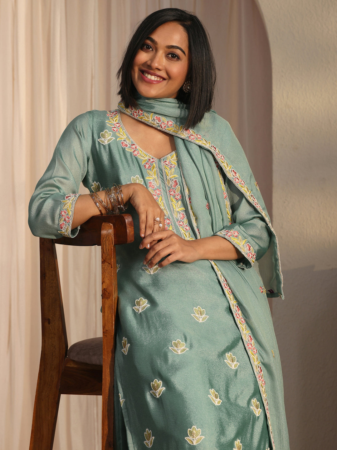 Libas Blue Floral Embroidered Silk Blend Straight Suit Set