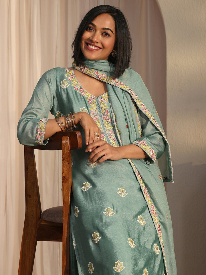 Libas Blue Floral Embroidered Silk Blend Straight Suit Set