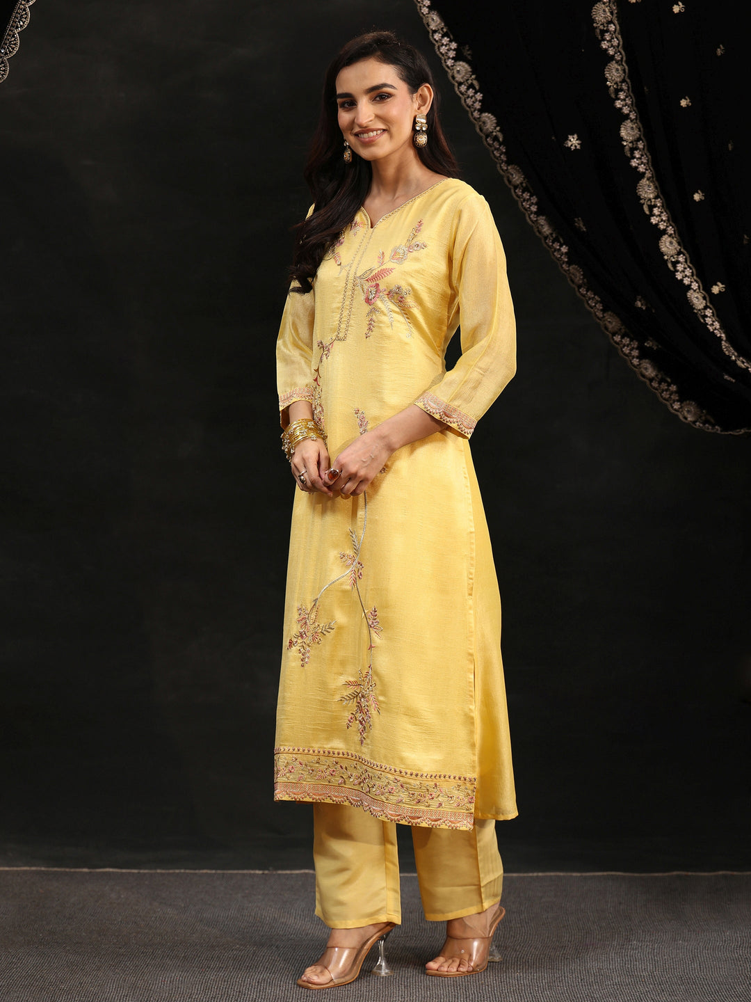 Libas Butter Yellow Floral Embroidered Silk Blend Straight Suit Set