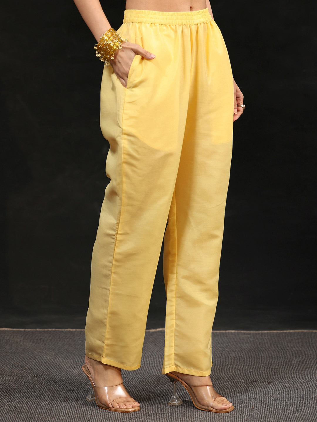 Libas Butter Yellow Floral Embroidered Silk Blend Straight Suit Set