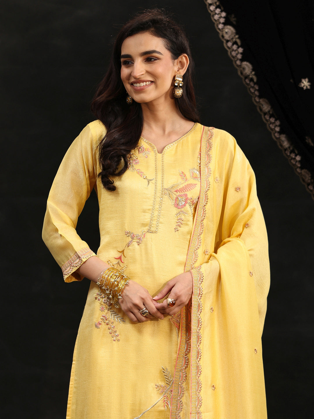 Libas Butter Yellow Floral Embroidered Silk Blend Straight Suit Set