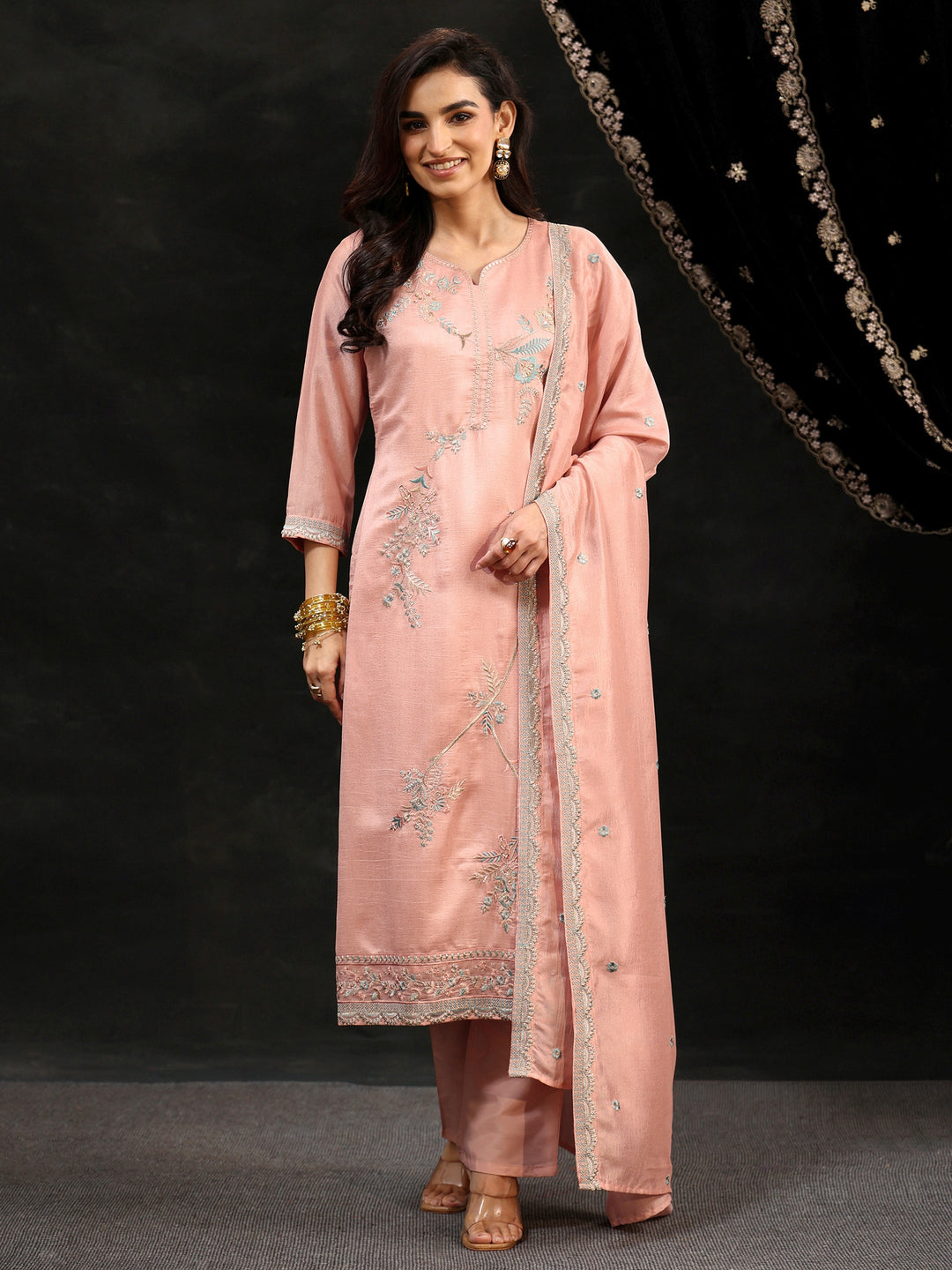 Libas Baby Pink Floral Embroidered Silk Blend Straight Suit Set