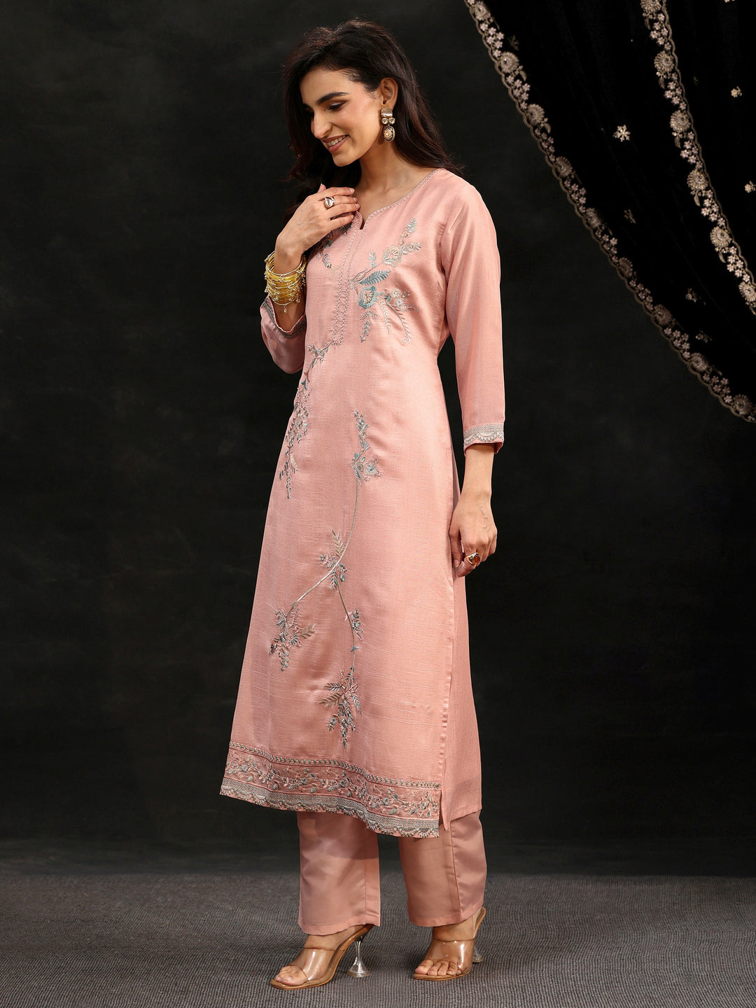 Libas Baby Pink Floral Embroidered Silk Blend Straight Suit Set