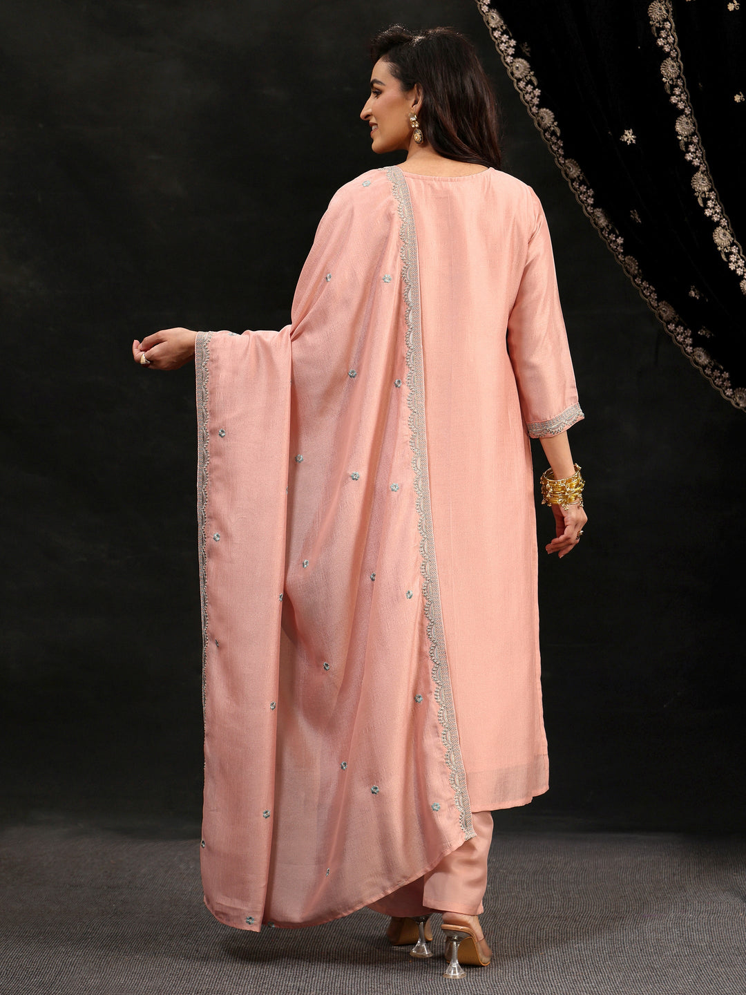 Libas Baby Pink Floral Embroidered Silk Blend Straight Suit Set