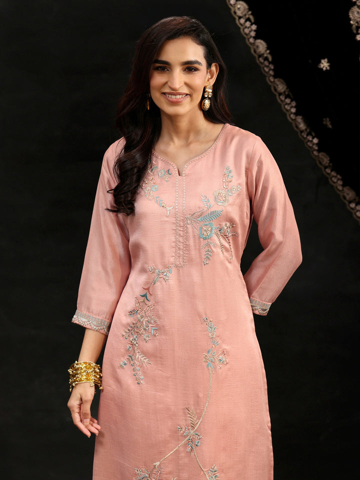 Libas Baby Pink Floral Embroidered Silk Blend Straight Suit Set