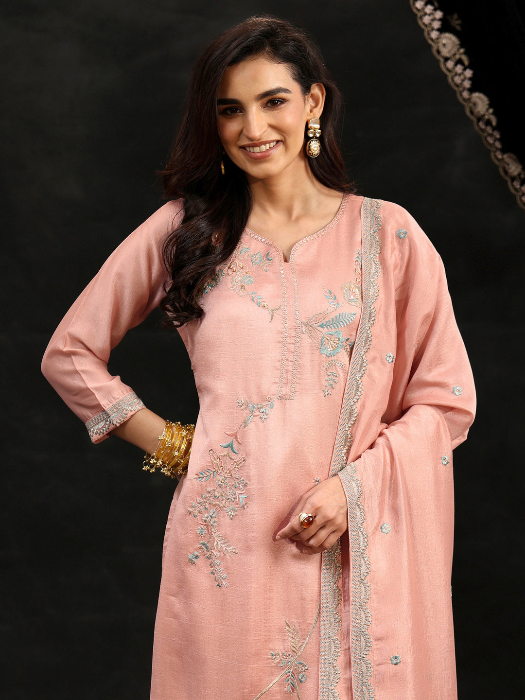 Libas Baby Pink Floral Embroidered Silk Blend Straight Suit Set