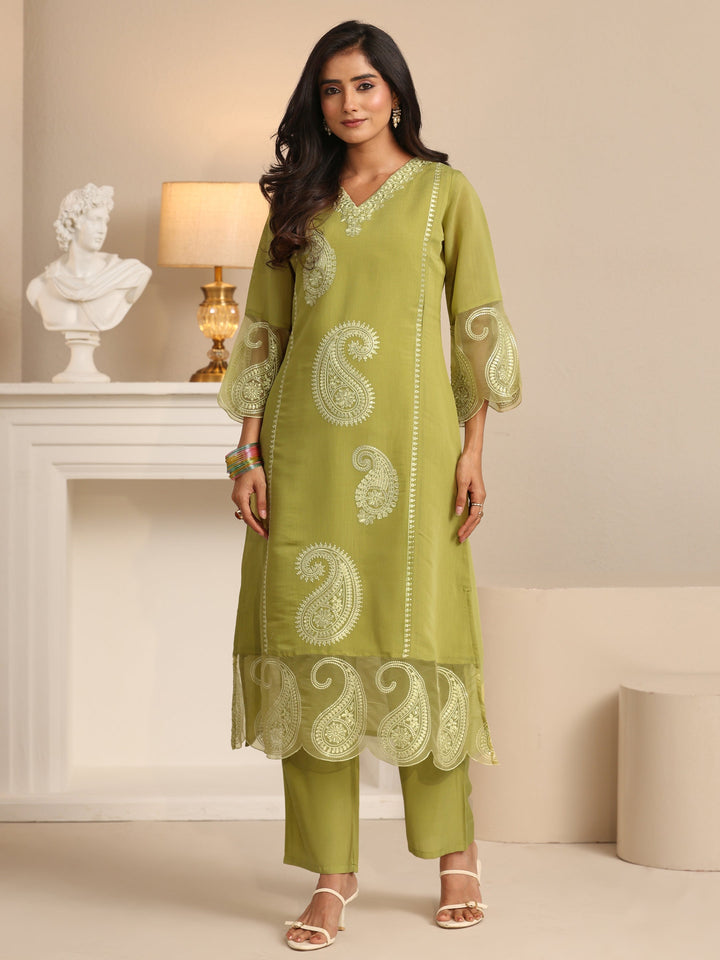 Libas Olive Green Paisley Embroidered Chanderi Cotton Straight Suit Set