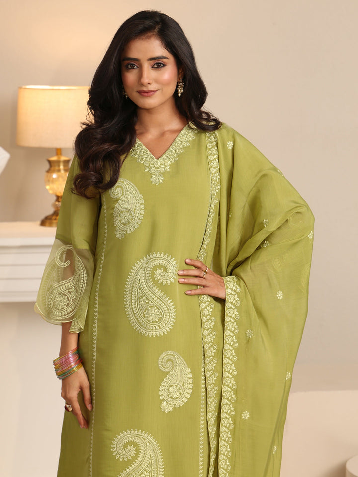 Libas Olive Green Paisley Embroidered Chanderi Cotton Straight Suit Set