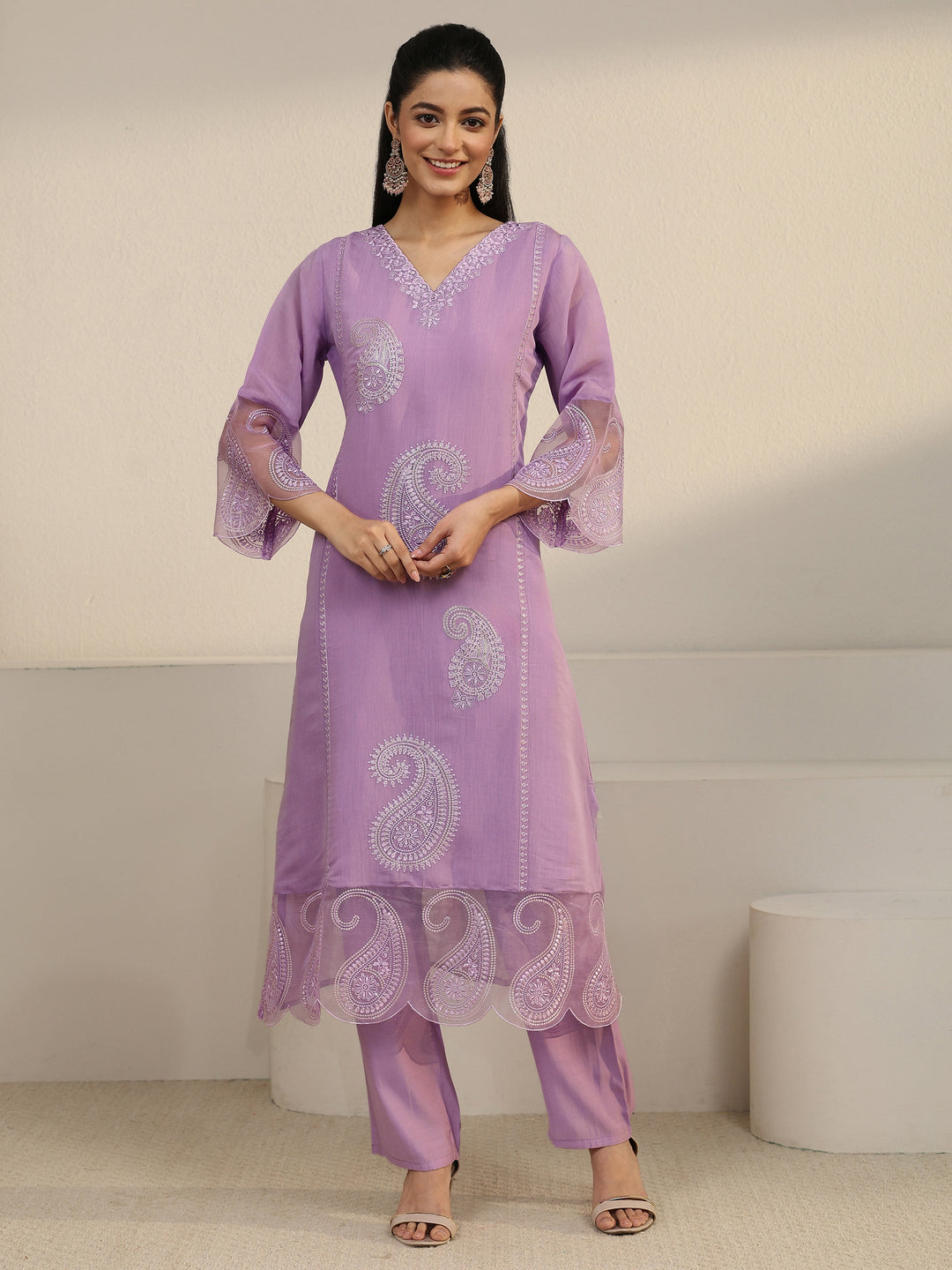Libas Lavender Paisley Embroidered Chanderi Cotton Straight Suit Set