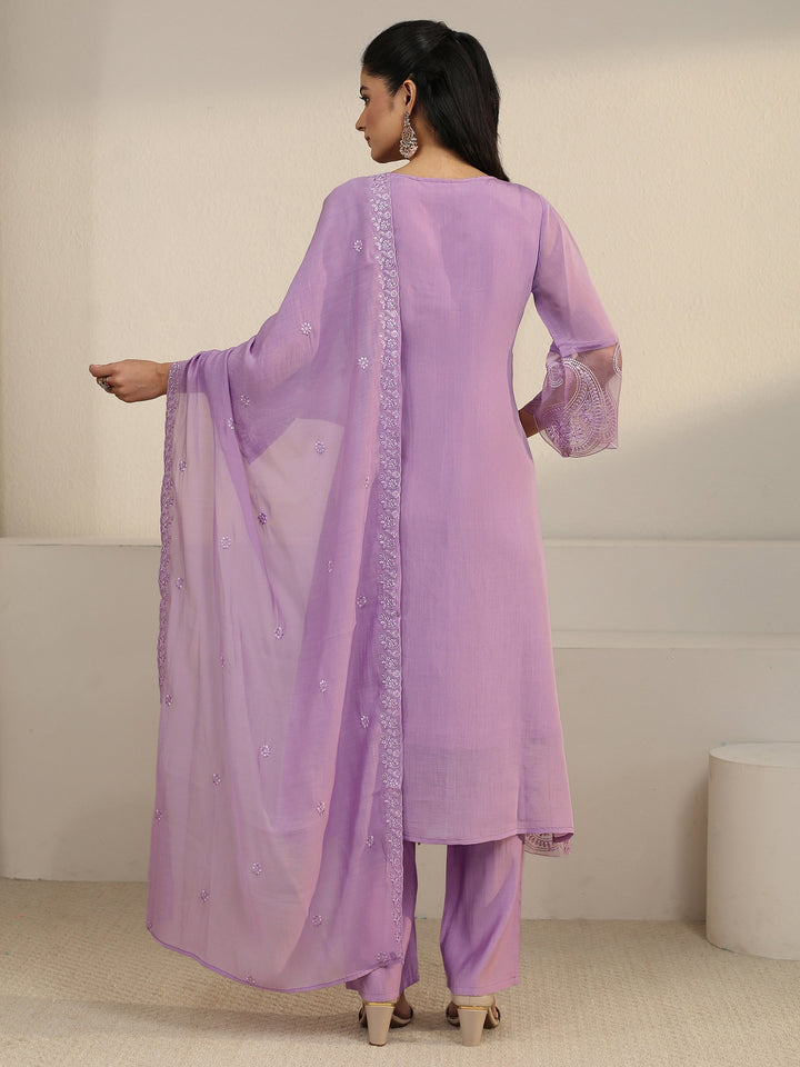 Libas Lavender Paisley Embroidered Chanderi Cotton Straight Suit Set