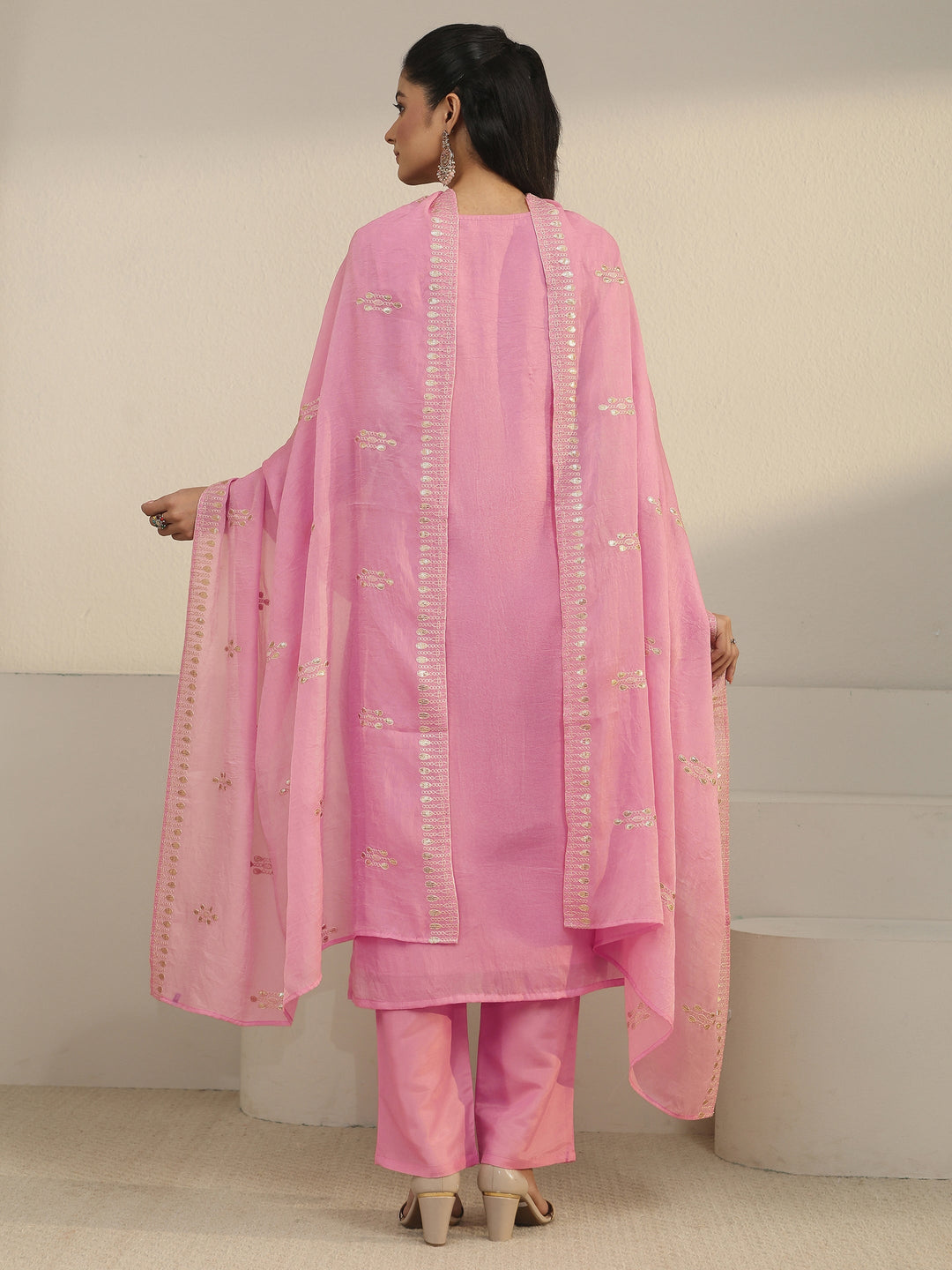 Libas Pink Floral Embroidered Silk Blend Straight Suit Set