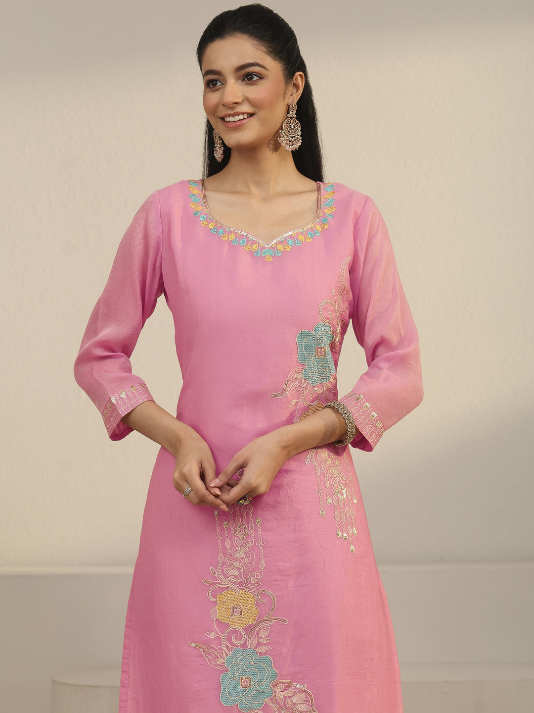 Libas Pink Floral Embroidered Silk Blend Straight Suit Set