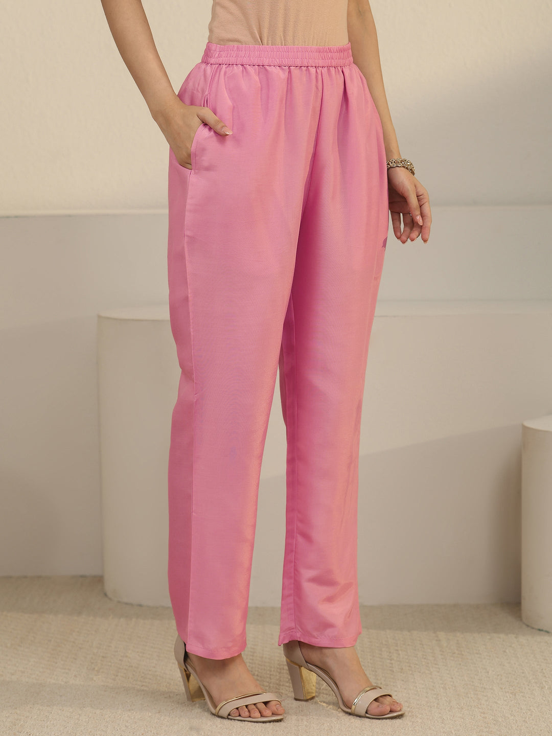 Libas Pink Floral Embroidered Silk Blend Straight Suit Set