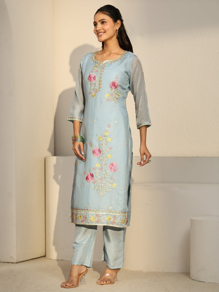 Libas Blue Floral Embroidered Silk Blend Straight Suit Set