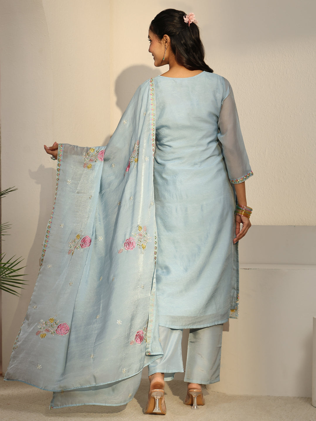 Libas Blue Floral Embroidered Silk Blend Straight Suit Set