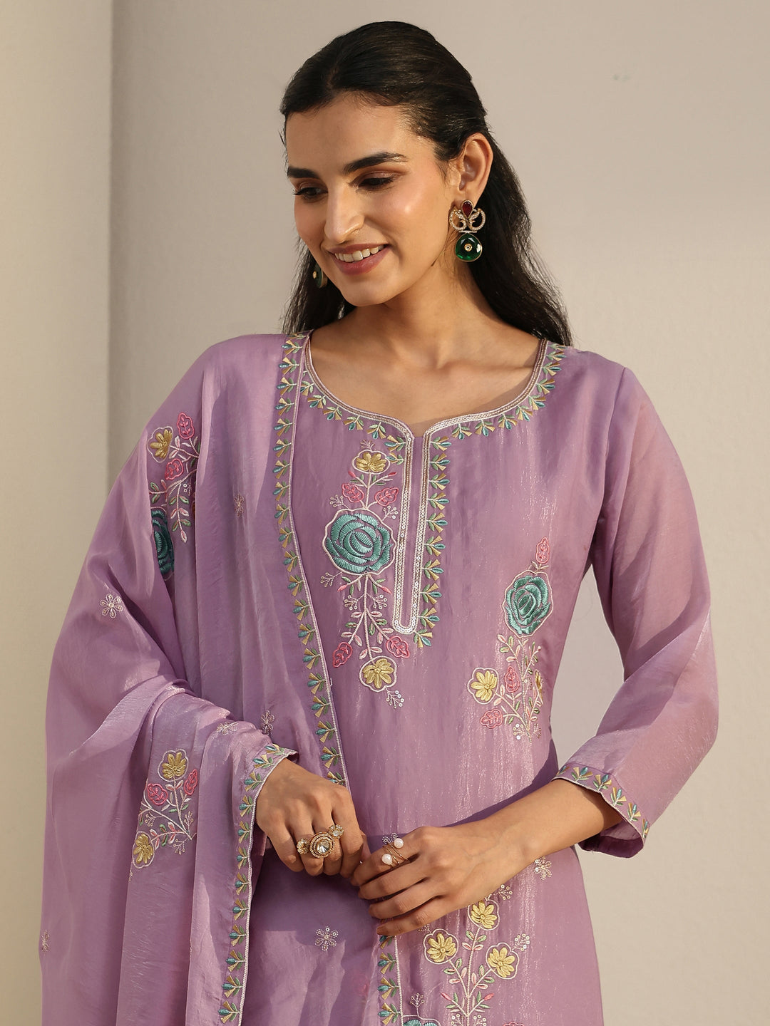 Libas Lavender Floral Embroidered Silk Blend Straight Suit Set