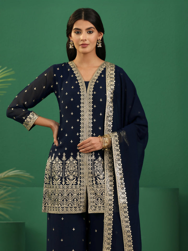Libas Art Navy Blue Embellished Georgette Palazzo Suit Set