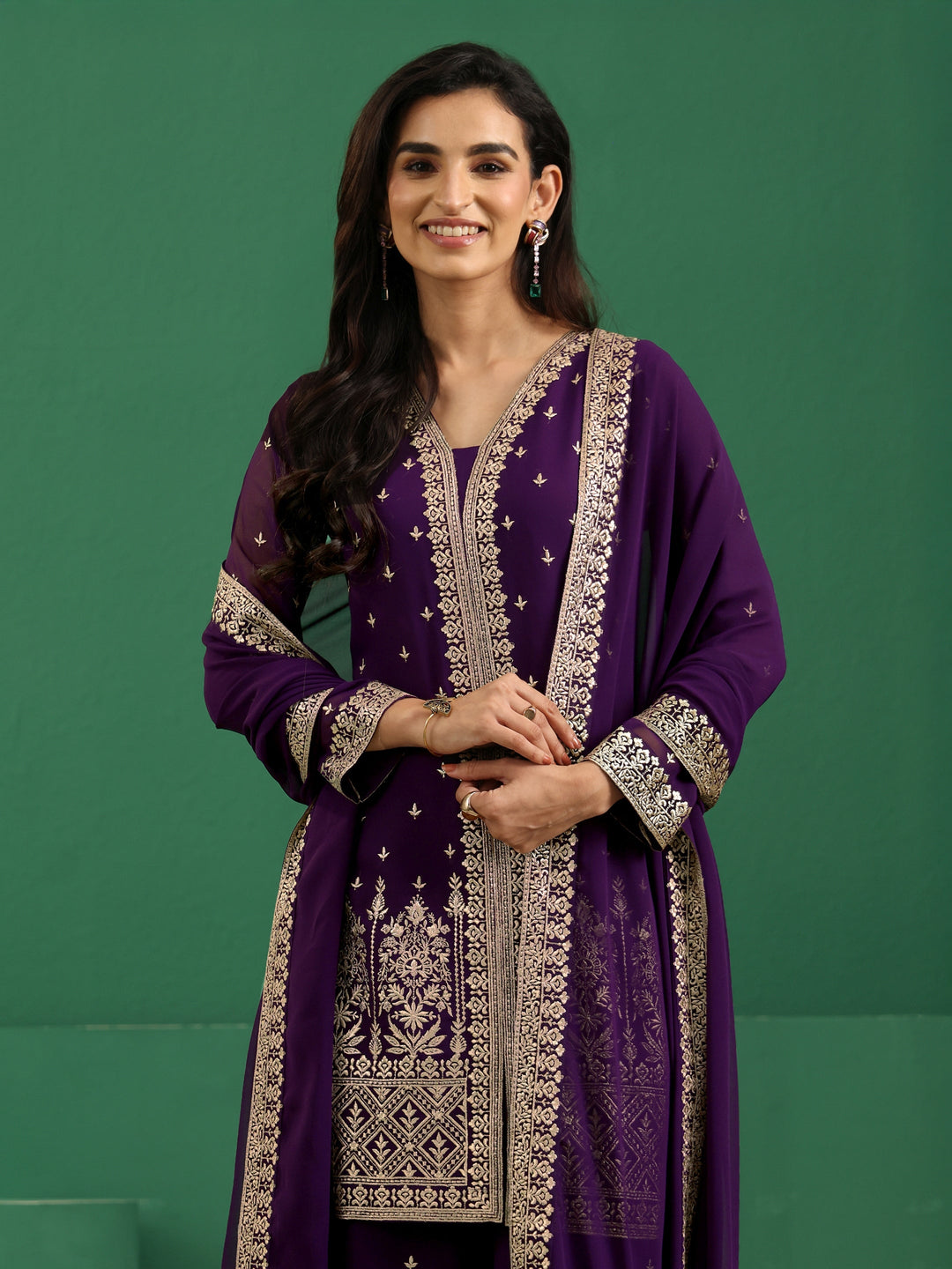 Libas Art Aubergine Purple Embellished Georgette Palazzo Suit Set