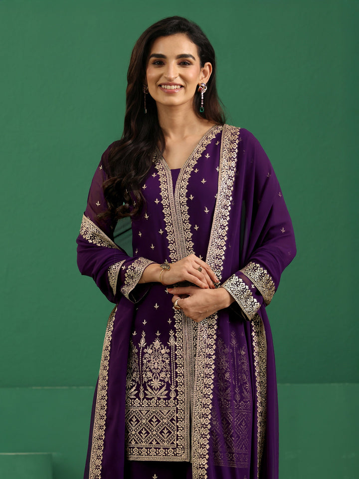 Libas Art Aubergine Purple Embellished Georgette Palazzo Suit Set