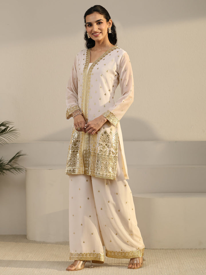 Libas Art White Zari Emboridered Georgette Palazzo Suit Set