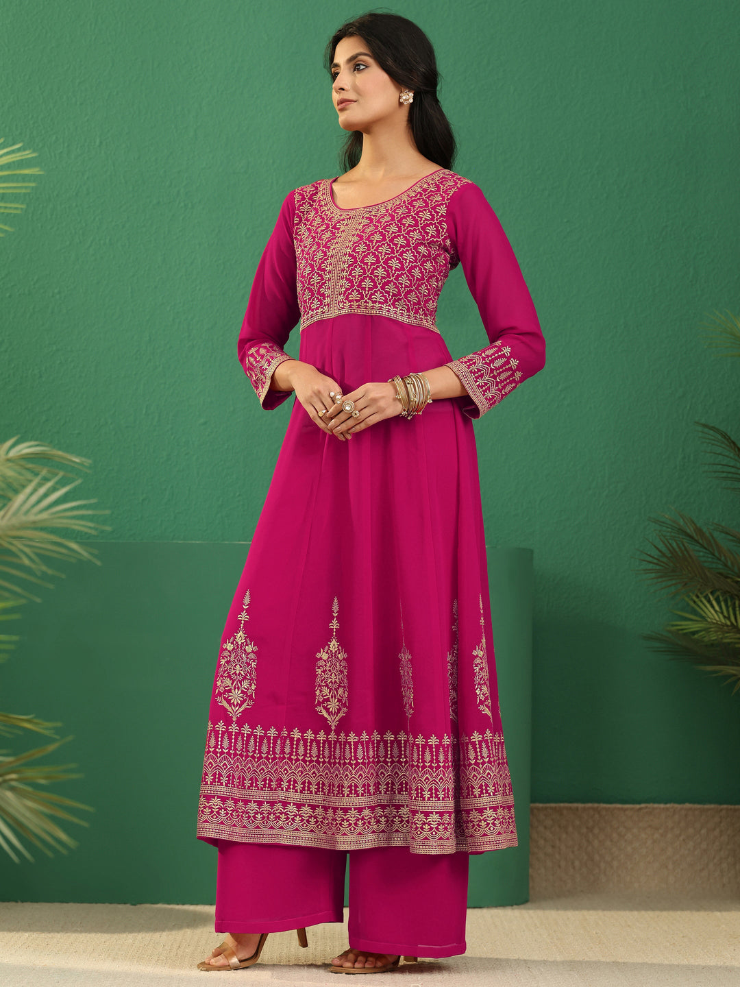 Libas Art Rani Pink Floral Embroidered Georgette Anarkali Suit Set