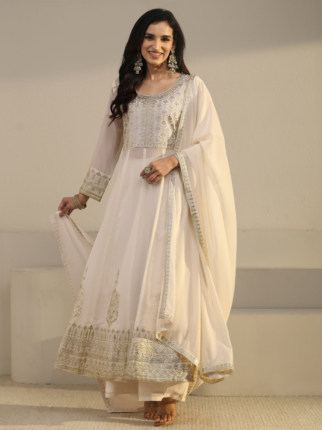 Libas Art White Floral Embroidered Georgette Anarkali Suit Set