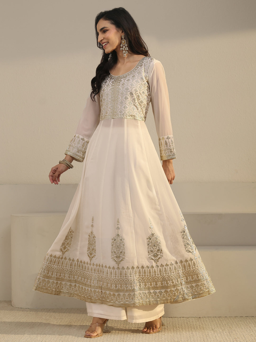 Libas Art White Floral Embroidered Georgette Anarkali Suit Set