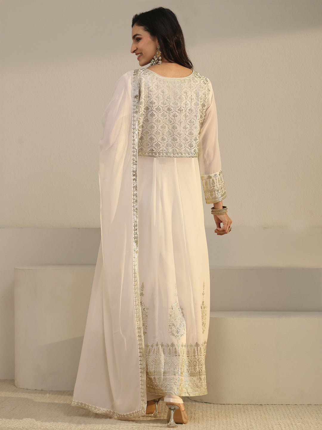 Libas Art White Floral Embroidered Georgette Anarkali Suit Set