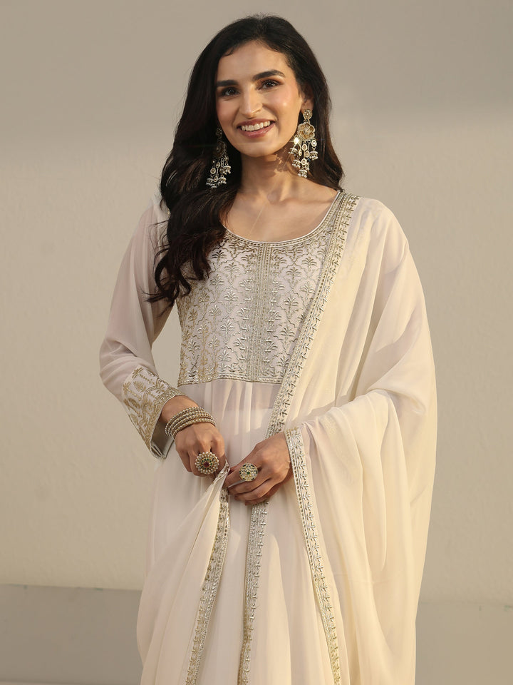 Libas Art White Floral Embroidered Georgette Anarkali Suit Set