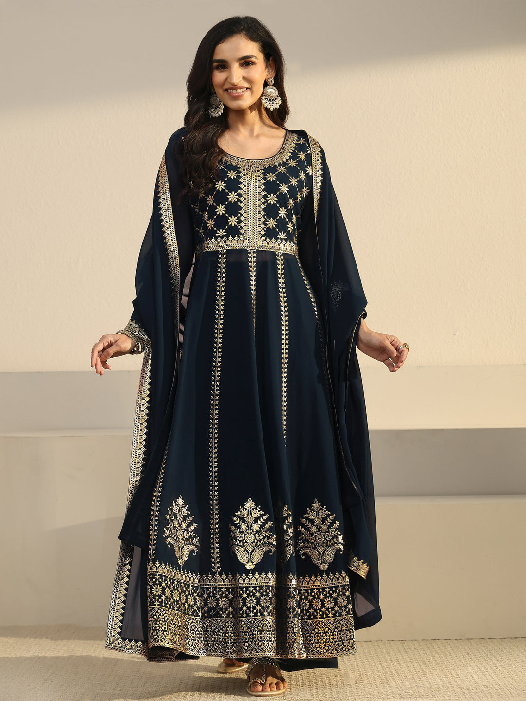 Libas Art Navy Blue Floral Embroidered Georgette Anarkali Suit Set