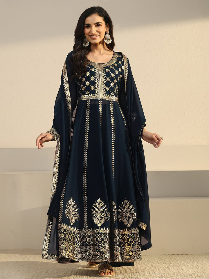 Libas Art Navy Blue Floral Embroidered Georgette Anarkali Suit Set