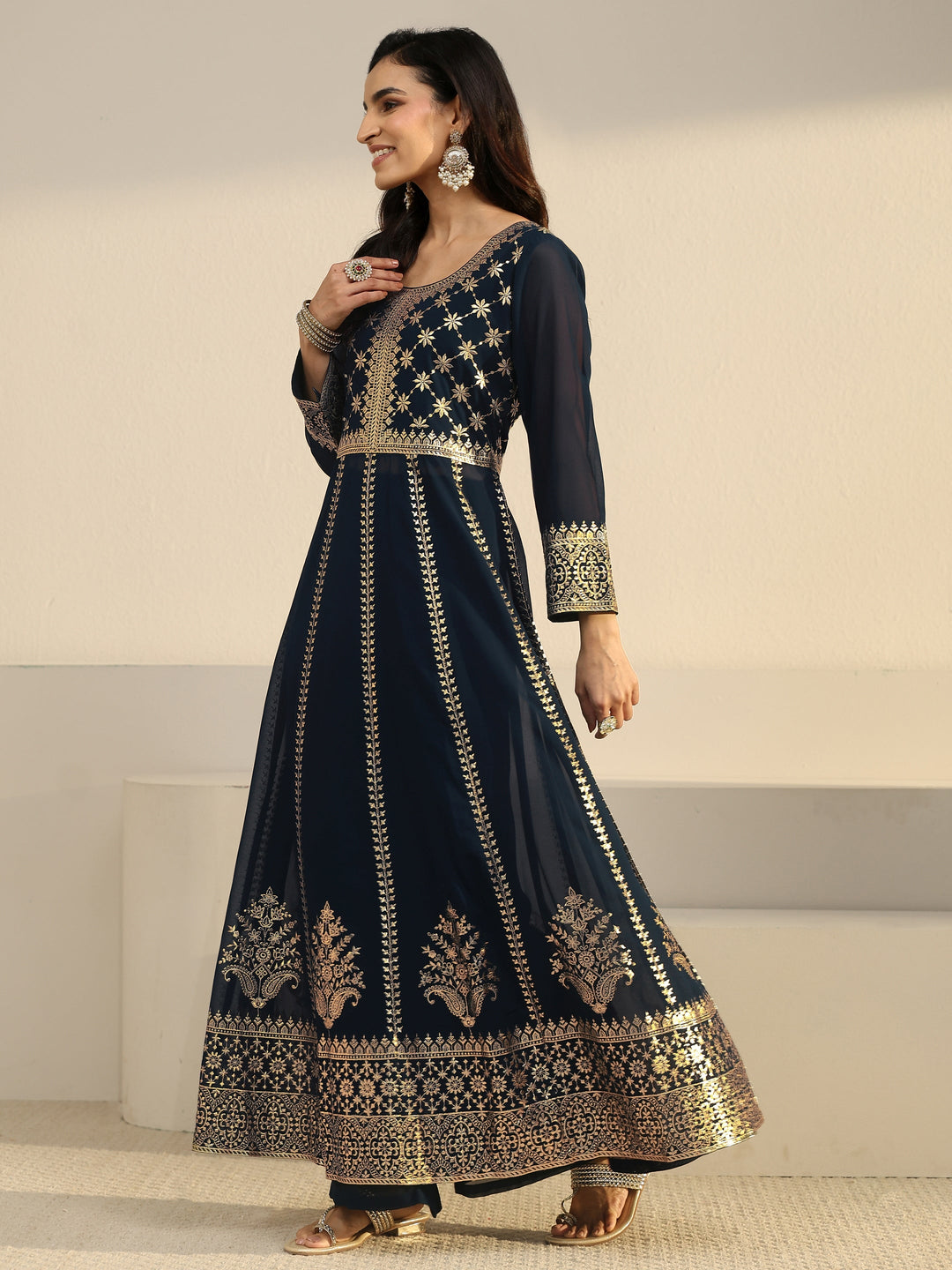Libas Art Navy Blue Floral Embroidered Georgette Anarkali Suit Set
