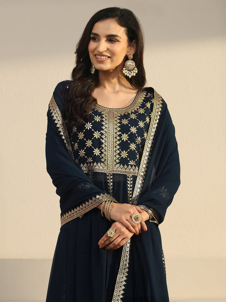 Libas Art Navy Blue Floral Embroidered Georgette Anarkali Suit Set