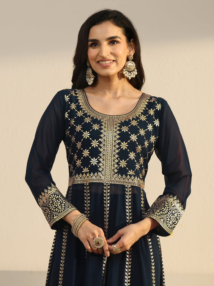 Libas Art Navy Blue Floral Embroidered Georgette Anarkali Suit Set