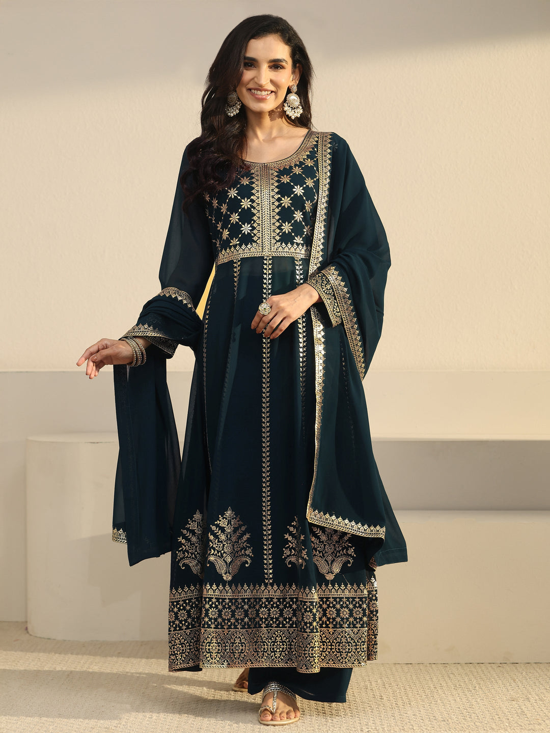Libas Art Teal Blue Floral Embroidered Georgette Anarkali Suit Set
