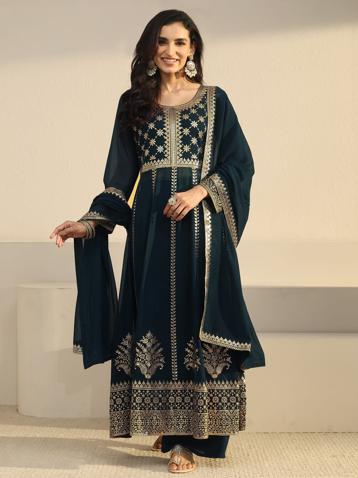Libas Art Teal Blue Floral Embroidered Georgette Anarkali Suit Set