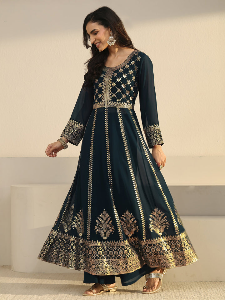 Libas Art Teal Blue Floral Embroidered Georgette Anarkali Suit Set