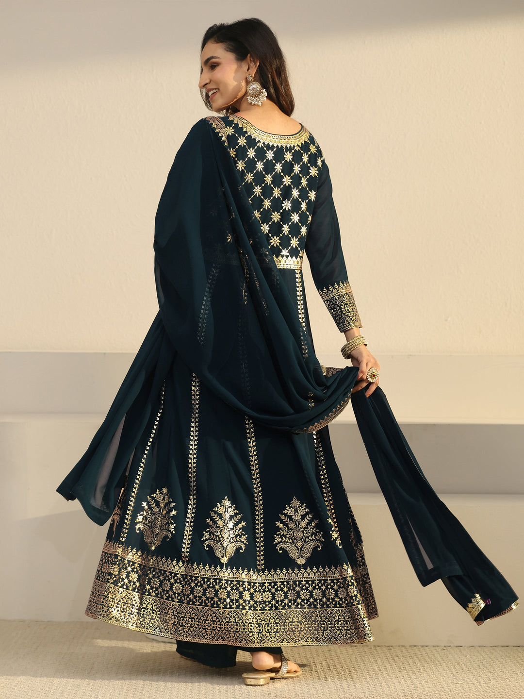 Libas Art Teal Blue Floral Embroidered Georgette Anarkali Suit Set