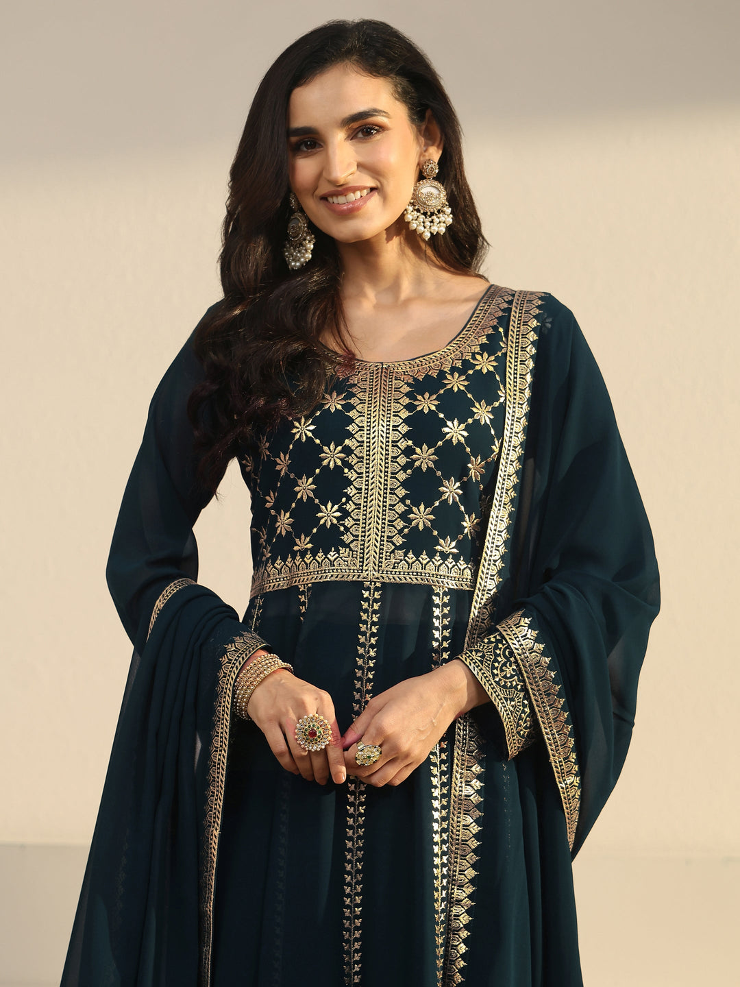 Libas Art Teal Blue Floral Embroidered Georgette Anarkali Suit Set