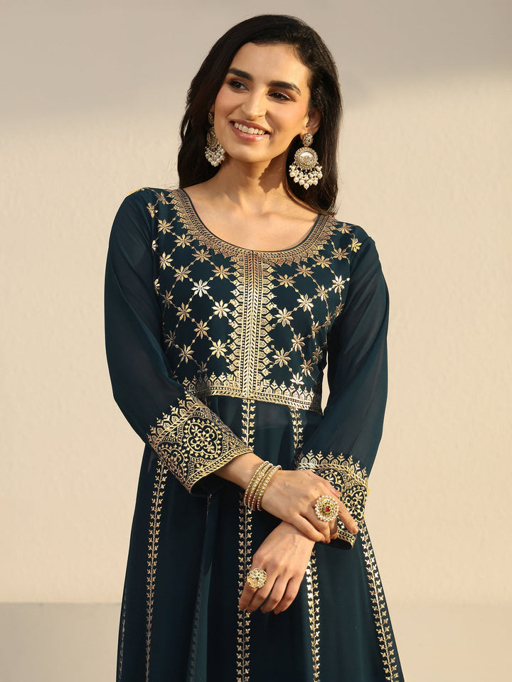 Libas Art Teal Blue Floral Embroidered Georgette Anarkali Suit Set